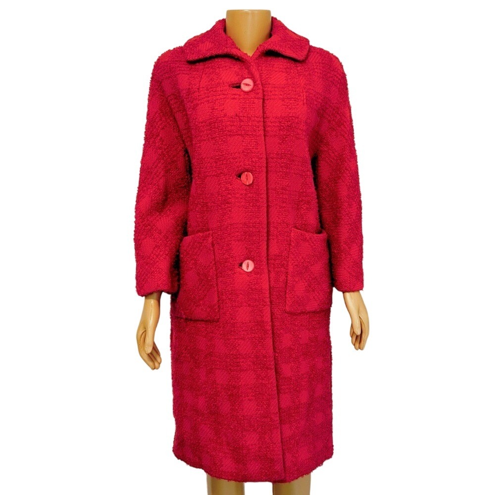Dumas Vintage Pink Boucle Plaid Car Coat Womens Long Sleeve Button Front Pocket